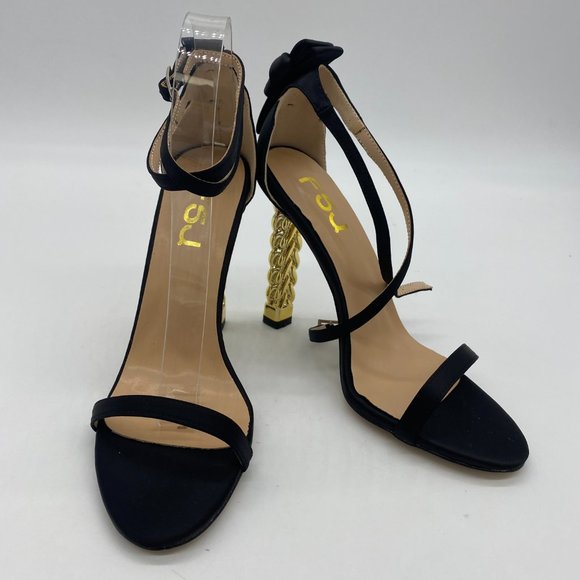 A FSJ Black Bows Gold Metal Chain Chunky High Heels Ankle Strap Sandals - Picture 3 of 10